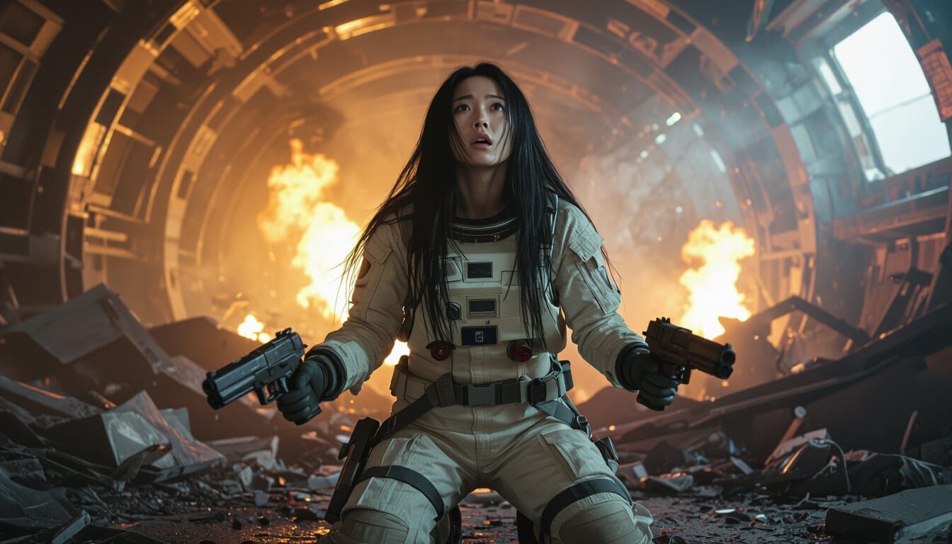 Japanese Astronaut Kneeling in Starship Wreckage