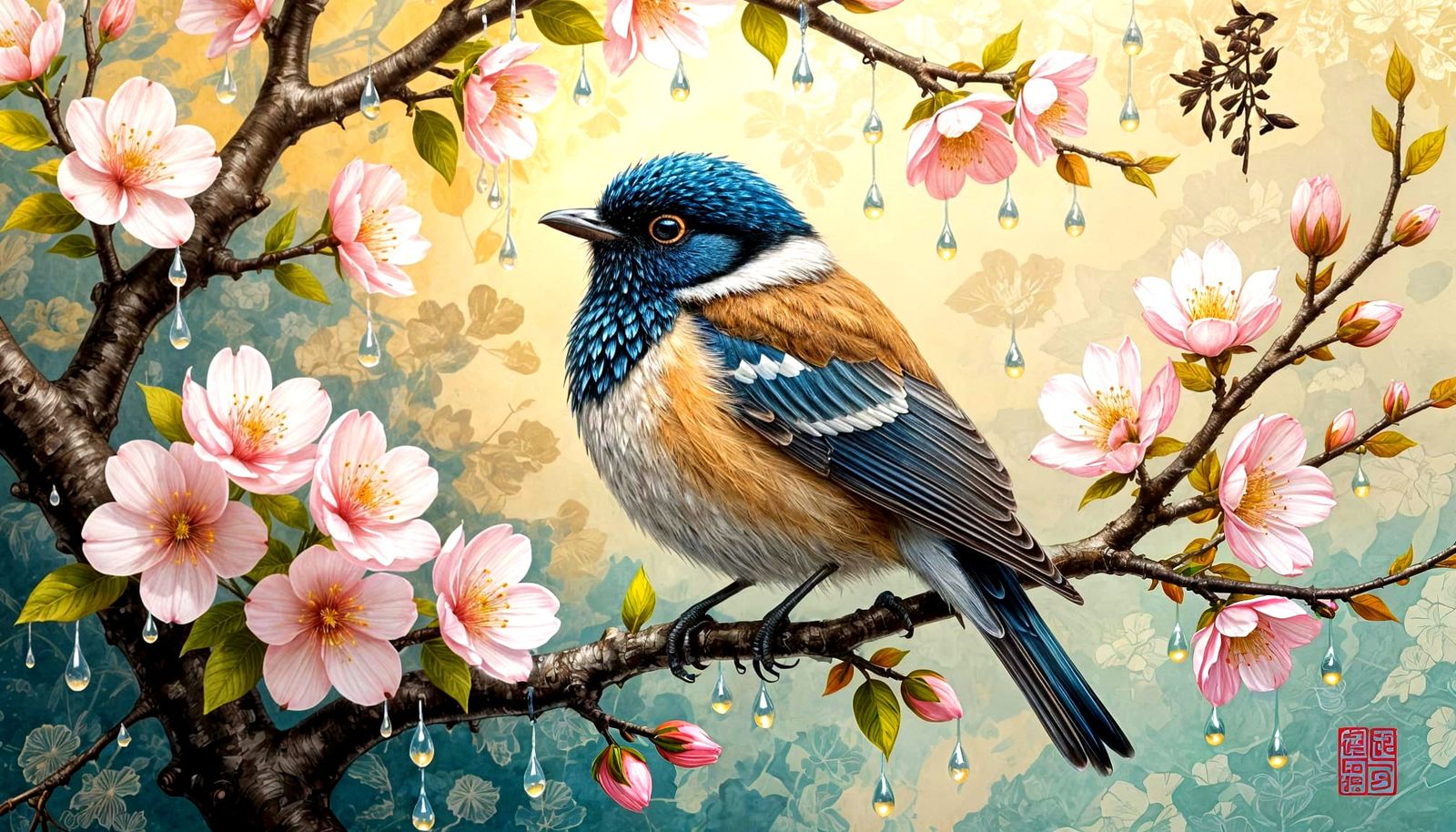 Bird with Dew Drops on Cherry Blossoms