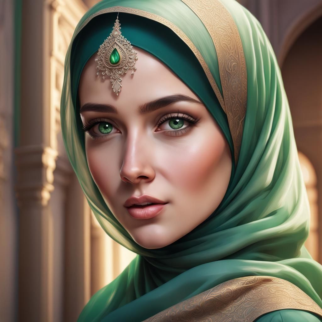 A beautiful charming Muslim girl with elegant hijab portrait, beautiful wide green eyes, head and shoulders portrait, el...