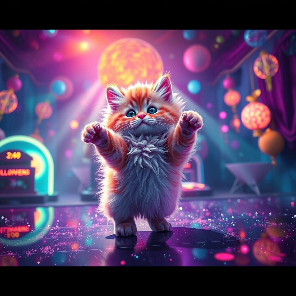 Glowing Kitten Dances Amidst Vibrant Disco Dreamscape