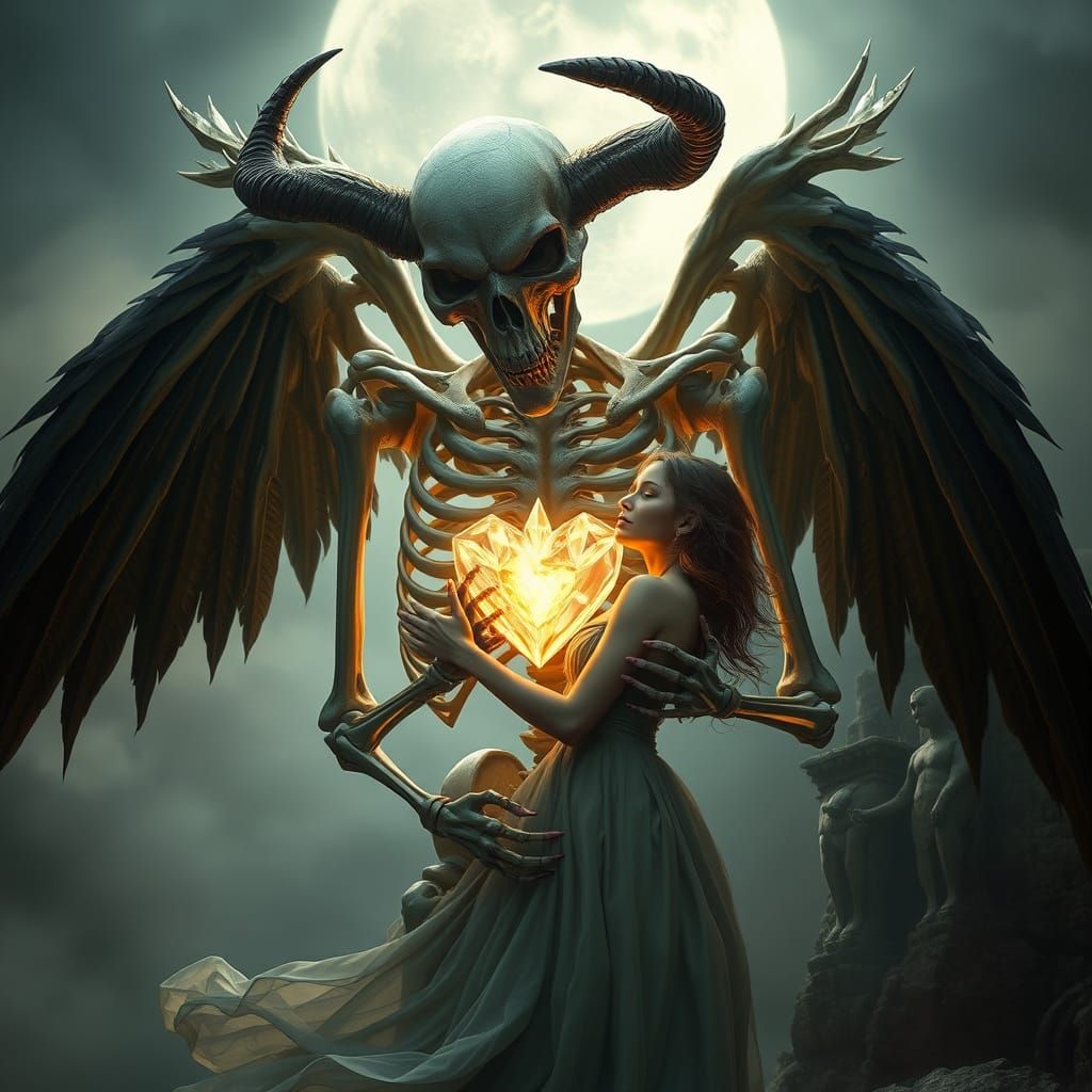 Ethereal Embrace: Skeletal Figure and Woman in Gothic Dreams...