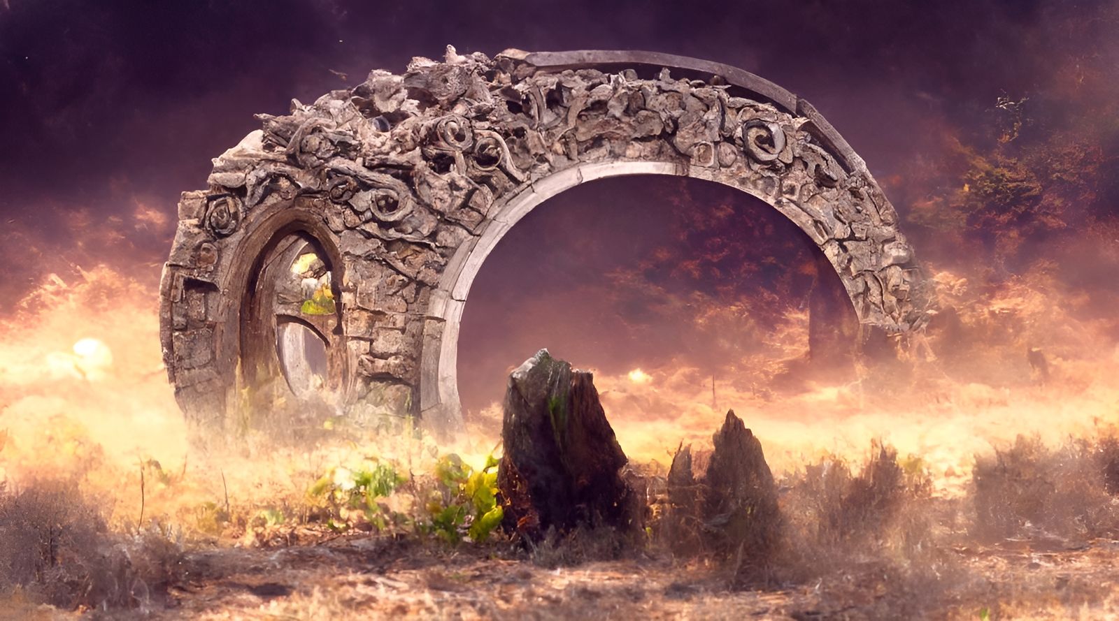 Ornate Sun Gate Stone Portal in Digital Art Style