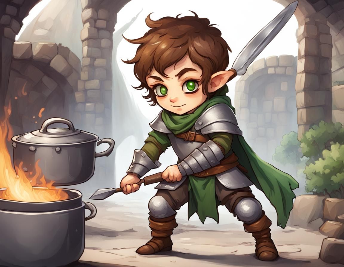 Halfling Fighter with Cookware Battling Monsters