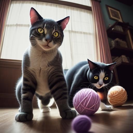 Hyperrealistic Cats Play With Yarn, Vivid Colors