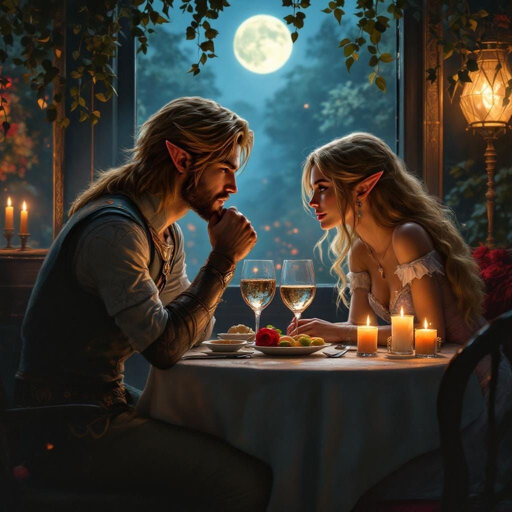 Link and Zelda Romantic Cafe Date, Oil Painting