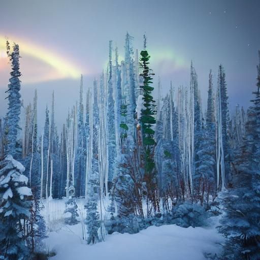 Crystal Castle Under Northern Lights in Taiga