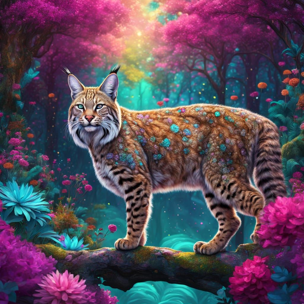 Bobcat in Magical Forest, Klimt-Inspired Dreamscape