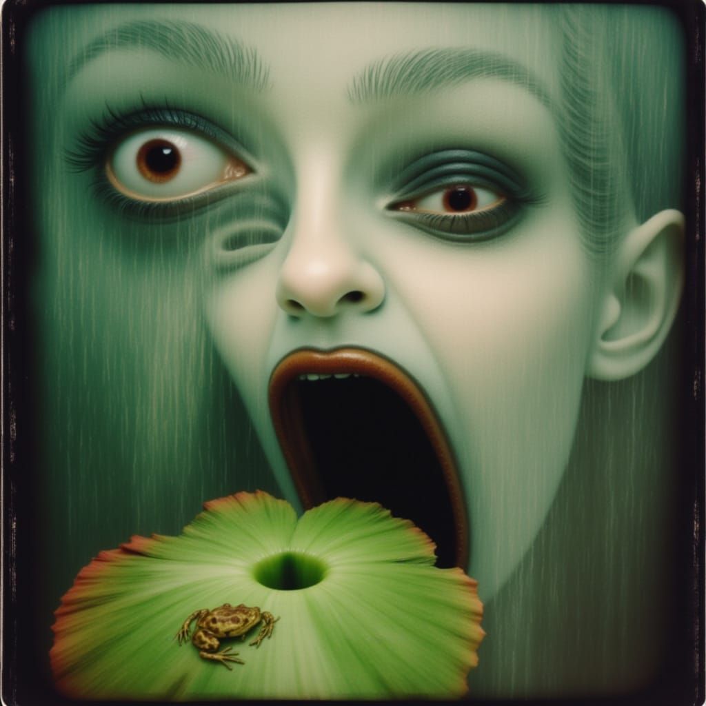 Pale Princess Offers Frog on Lily Pad in Surreal Style