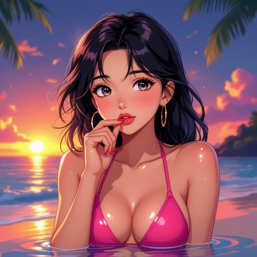Anime Woman on Tropical Beach at Sunset
