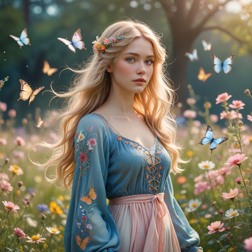 Whimsical Warrior Maiden in a Spring Meadow