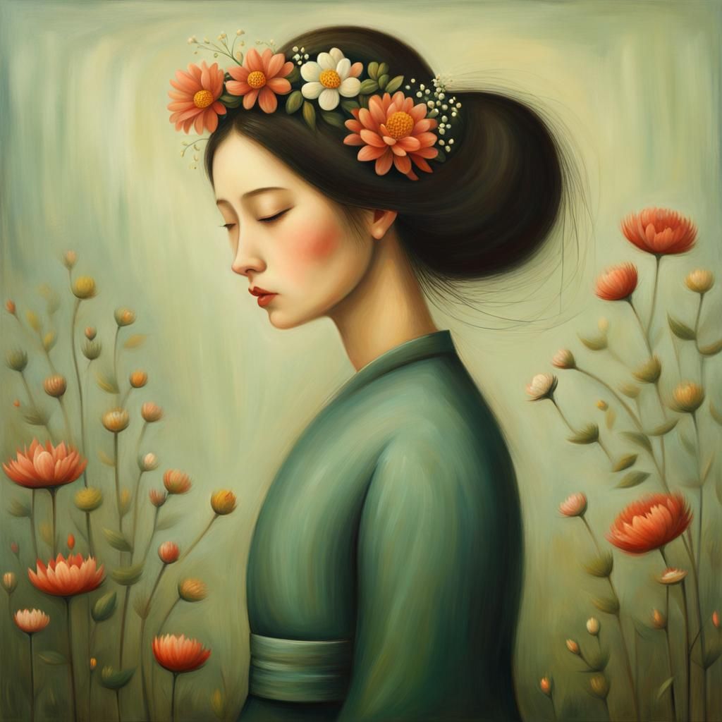 Floral Haired Woman: Surreal Digital Portrait