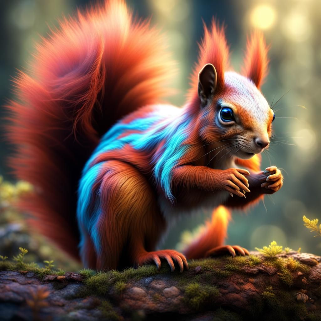 Fantastical Multicolored Squirrel, Detailed Digital Art