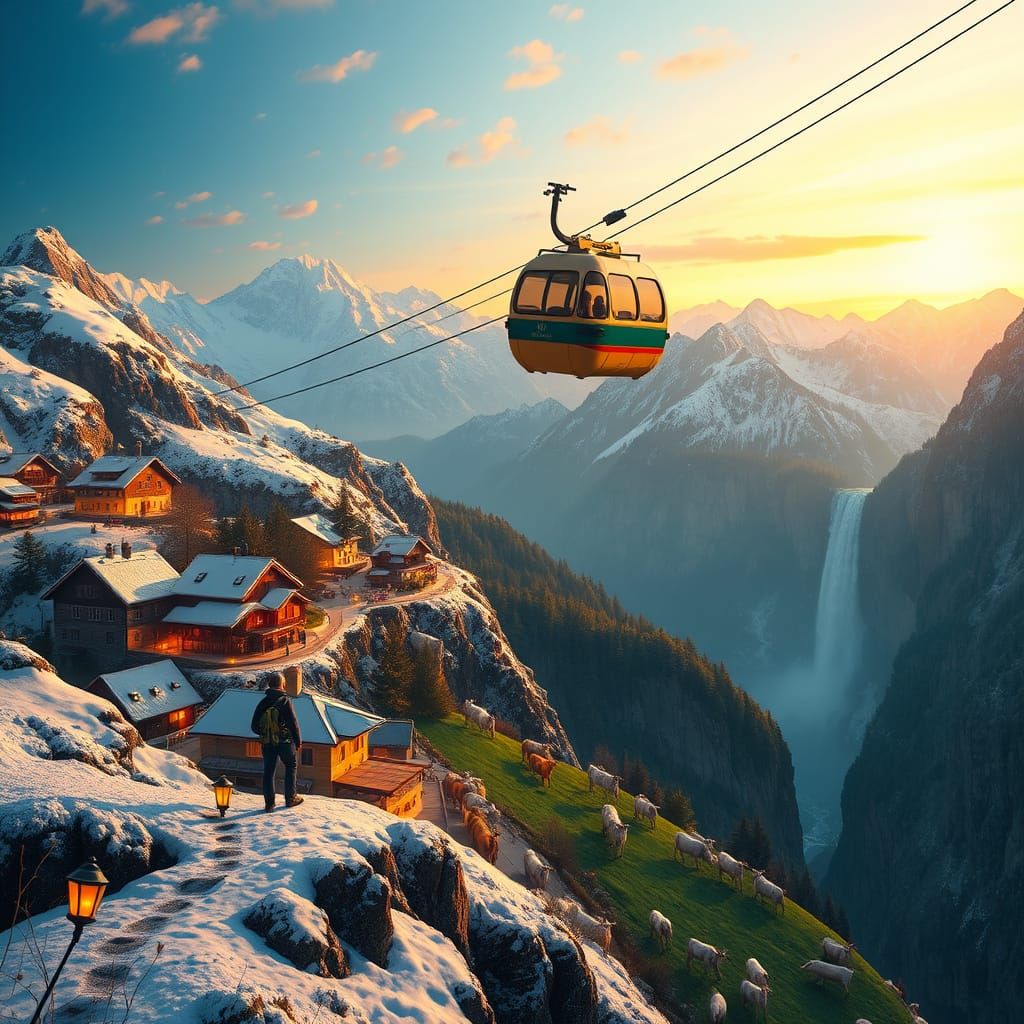 Whimsical Swiss Alps Village at Golden Hour