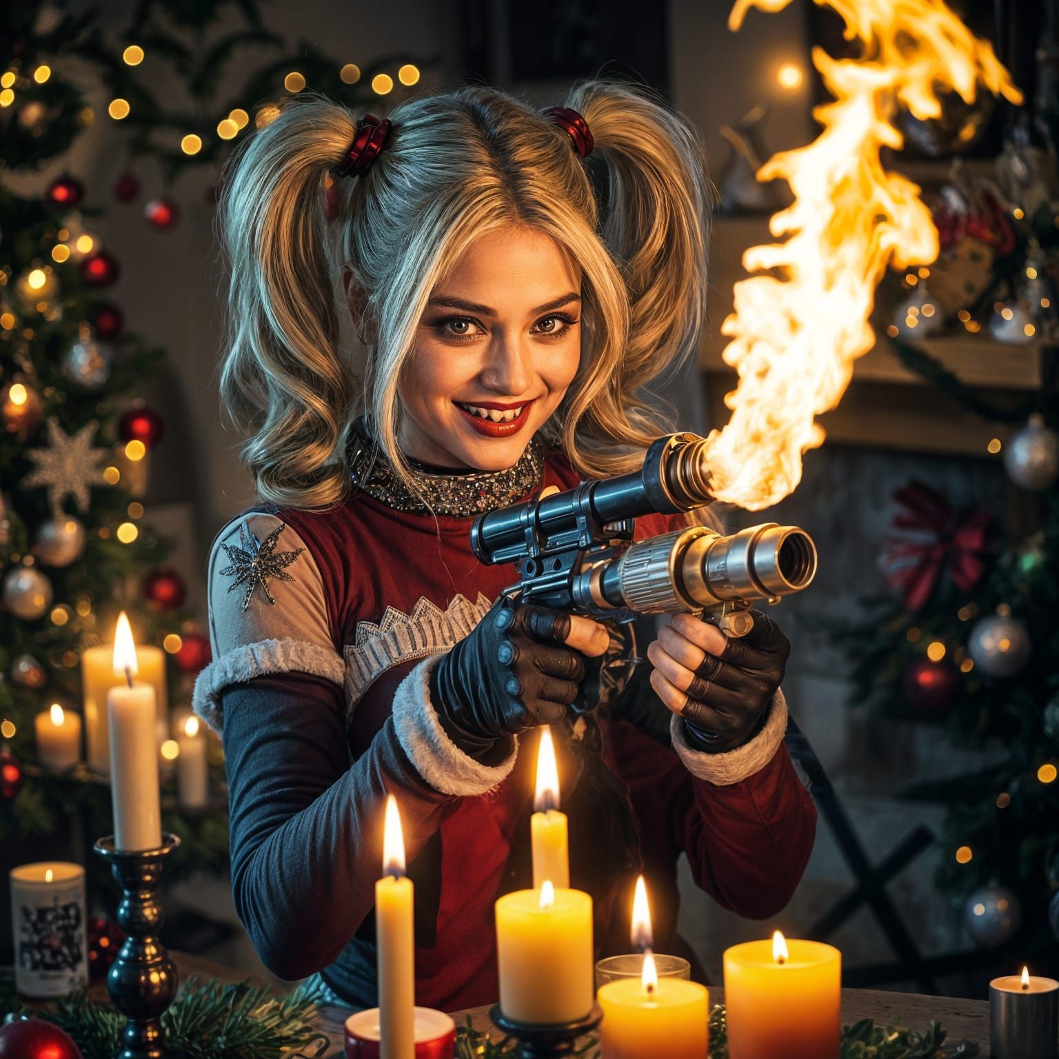 Beautiful Woman Lights Xmas Tree with Flamethrower in Cozy S...