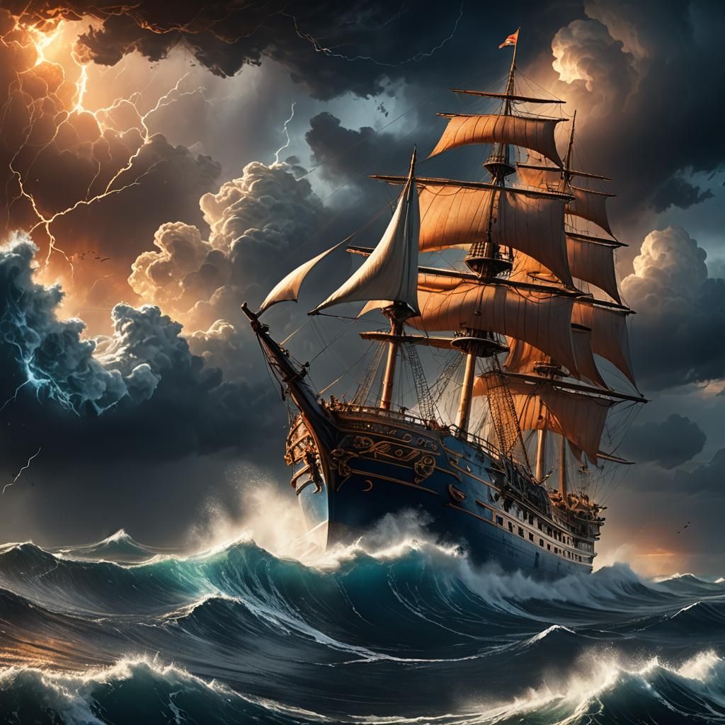 Majestic Ship Sails a Storm in Fantasy Illustration