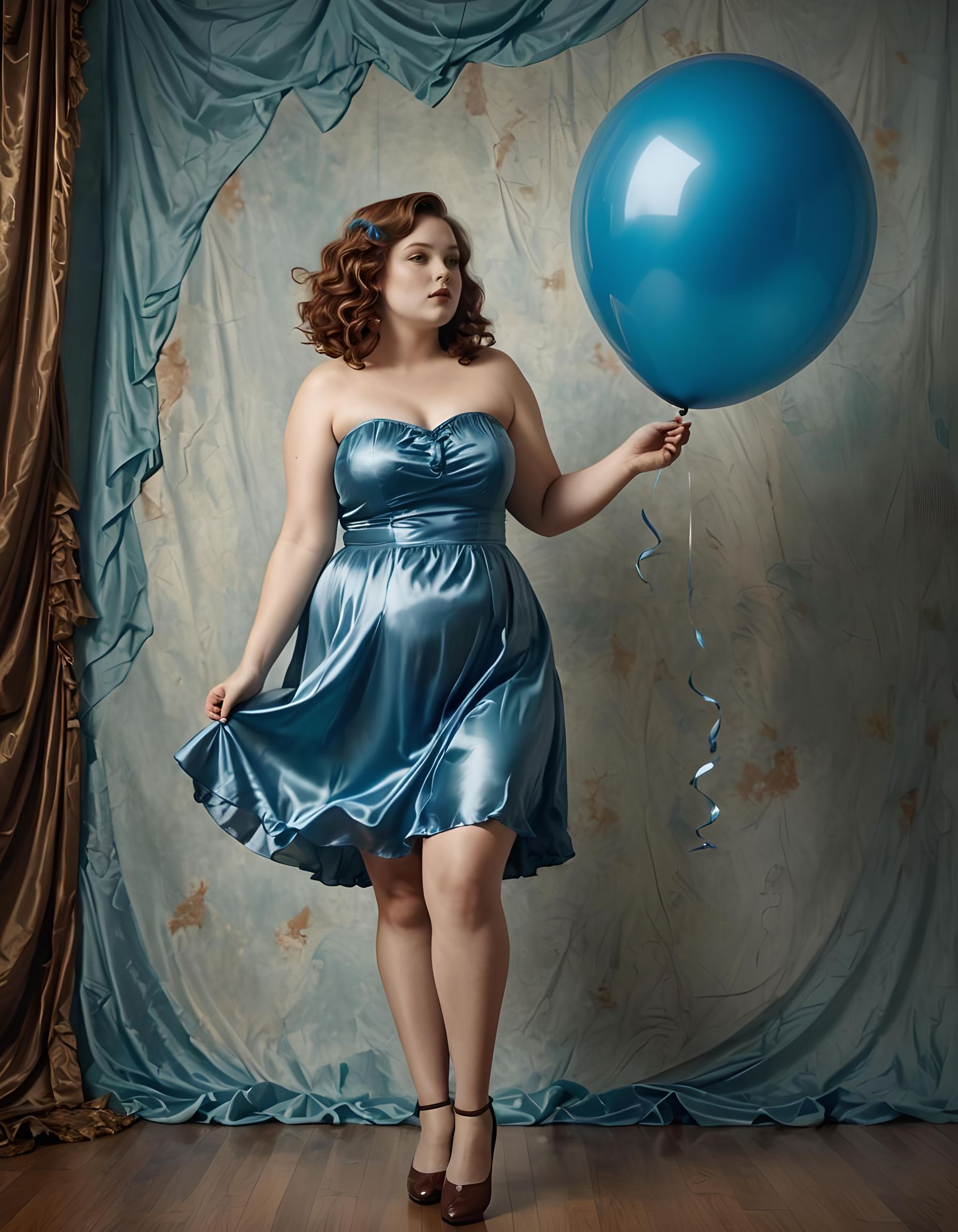 Beauty holding big blue balloon
