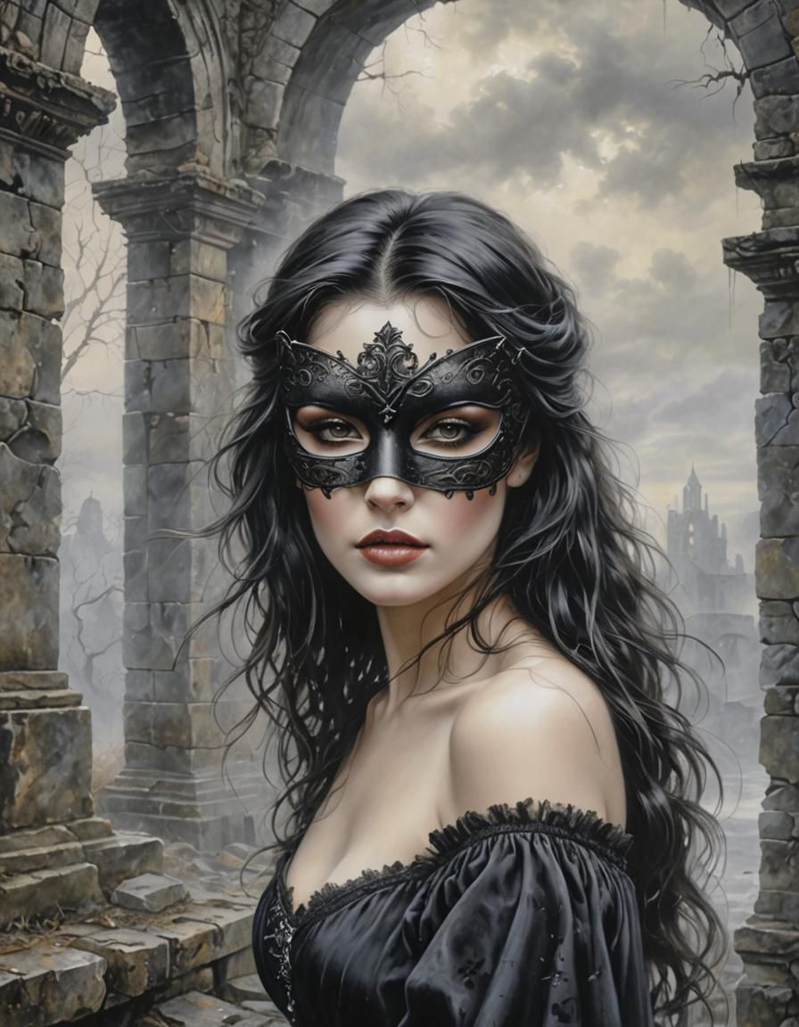 Medieval Maiden in Black Mask Amidst Misty Ruins