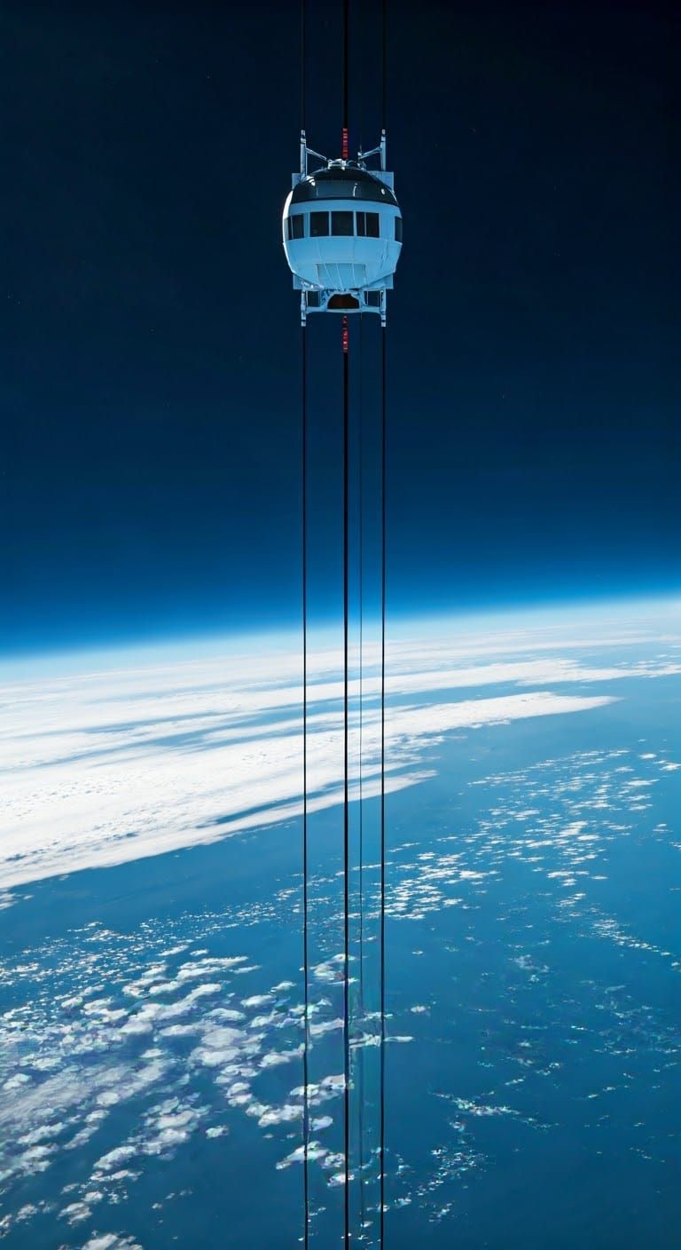 Surreal Space Elevator Ascends Towards Earth's Atmosphere
