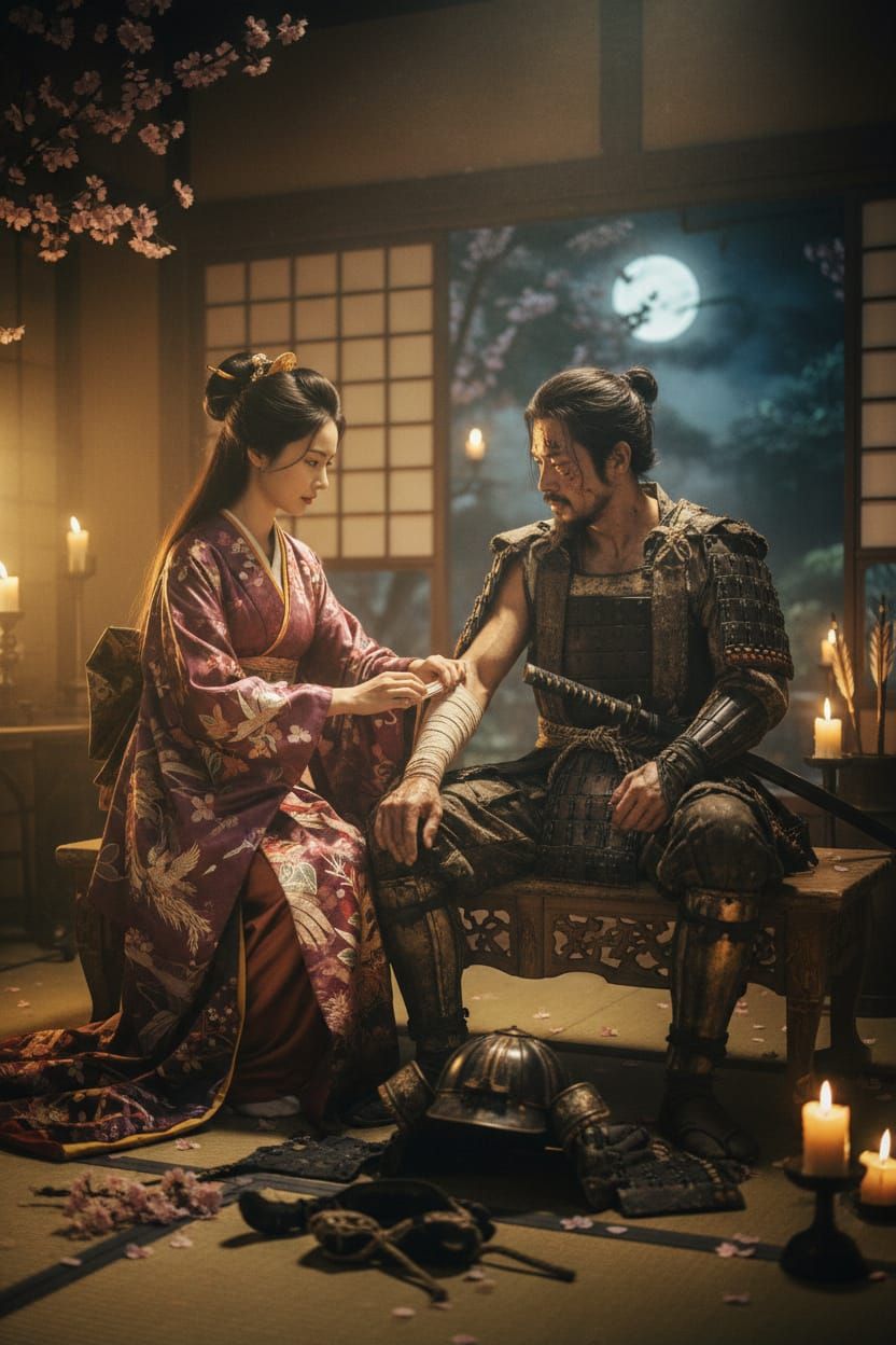 Beautiful Woman Tends to Warrior Husband After Battle