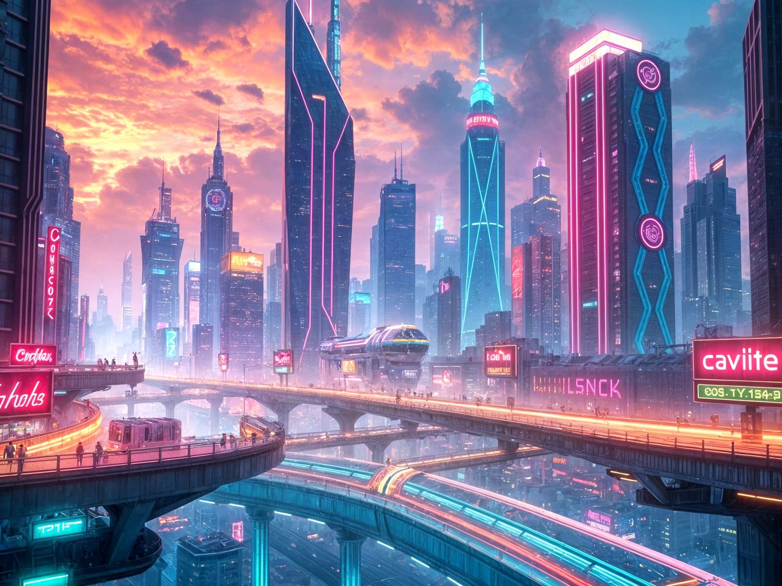 Cyberpunk Cityscape with Neon Lights in Digital Painting