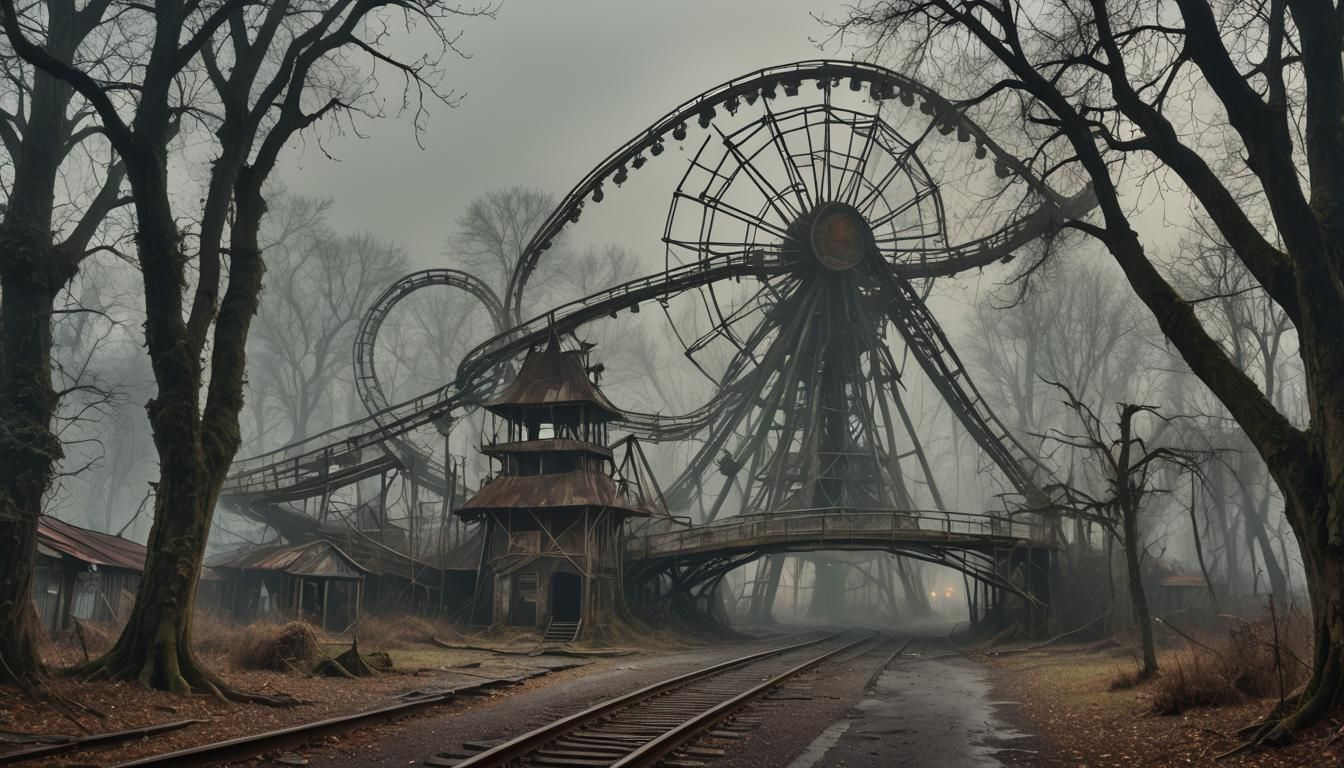 Creepy Amusement Park Landscape in Dark Surrealism Style