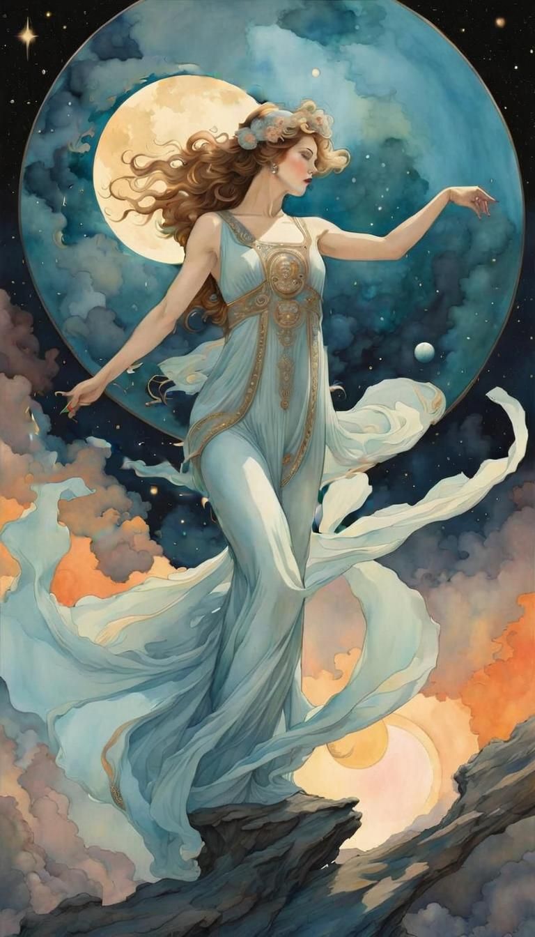 Watercolor Woman Dancing in Cosmic Starscape