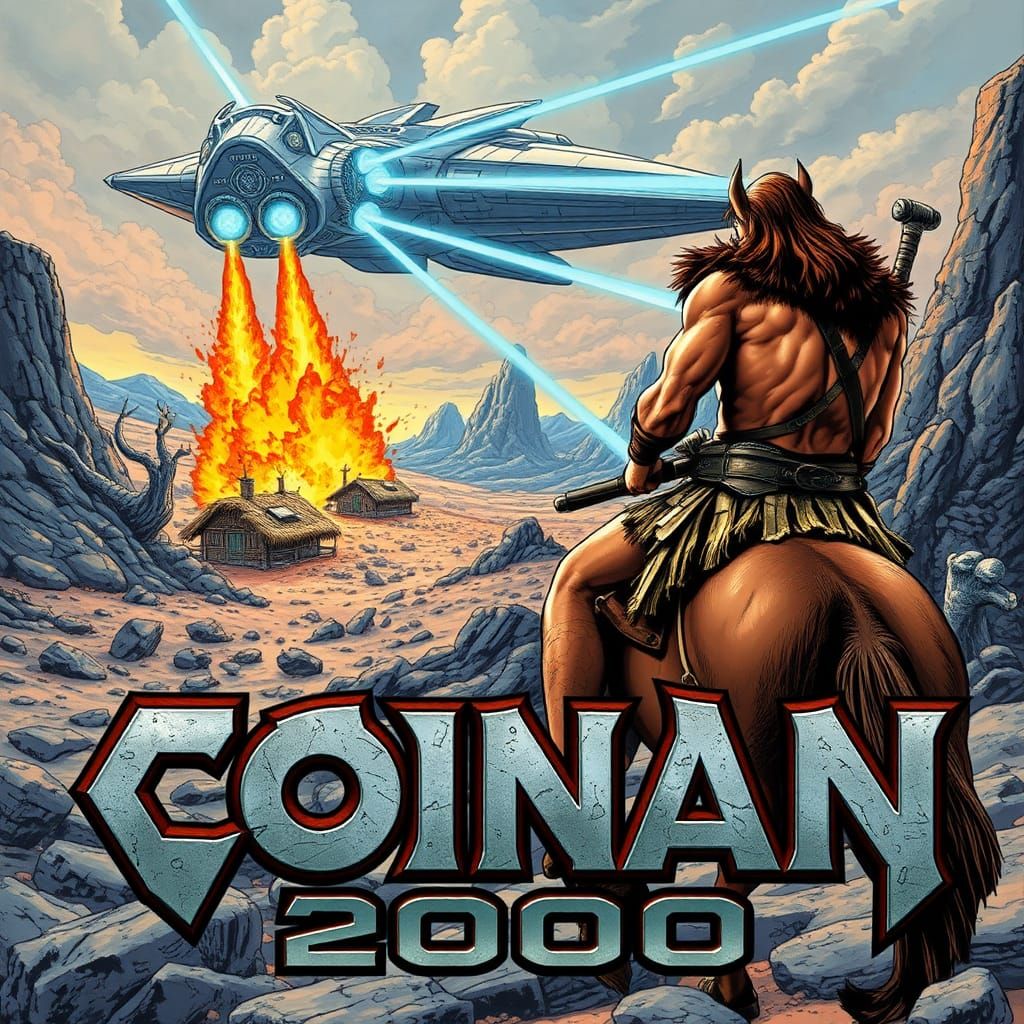 Barbarian Warrior Observes Alien Spaceship Attack