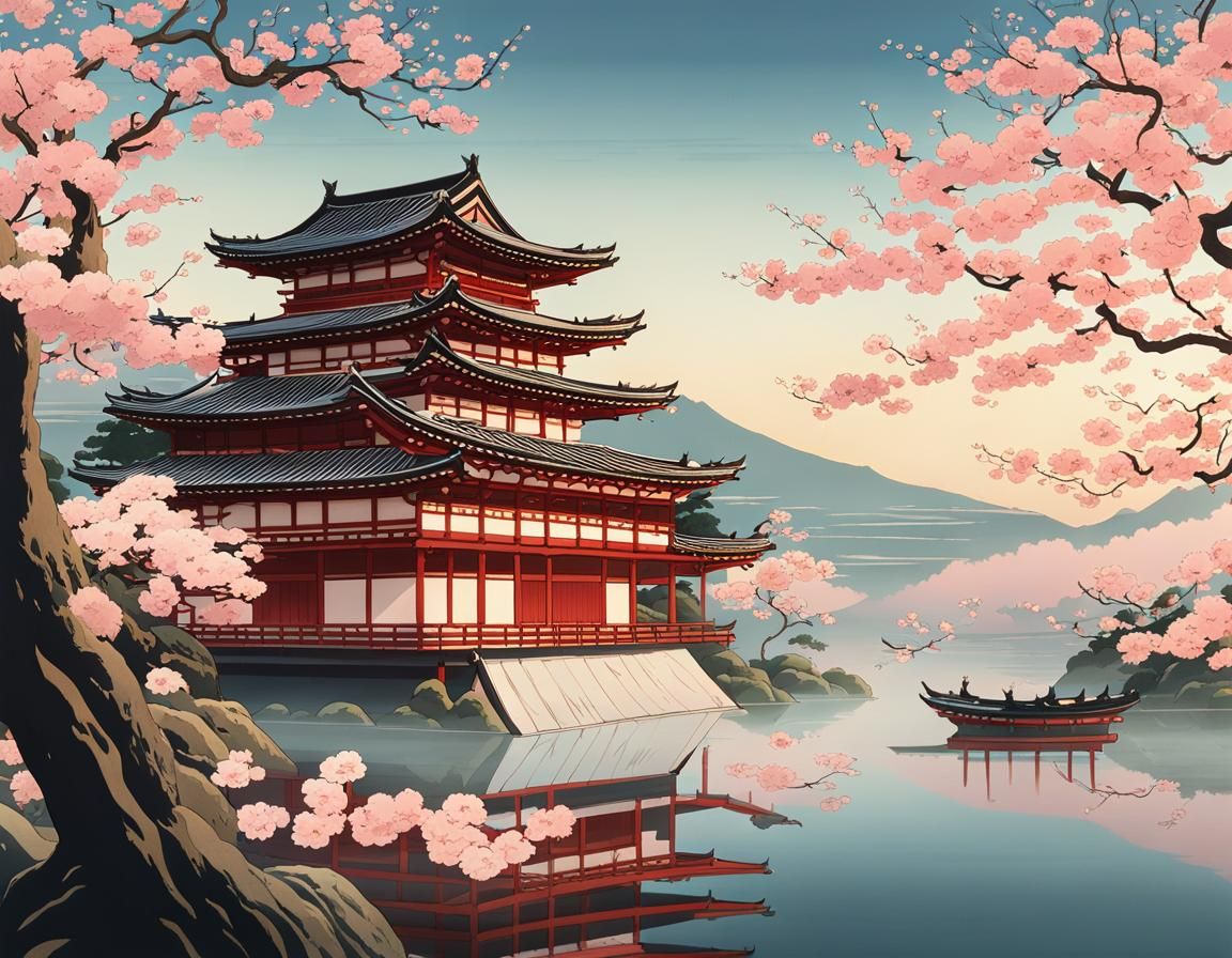 Dragon Over Palace in Japanese Ukiyo-e Style