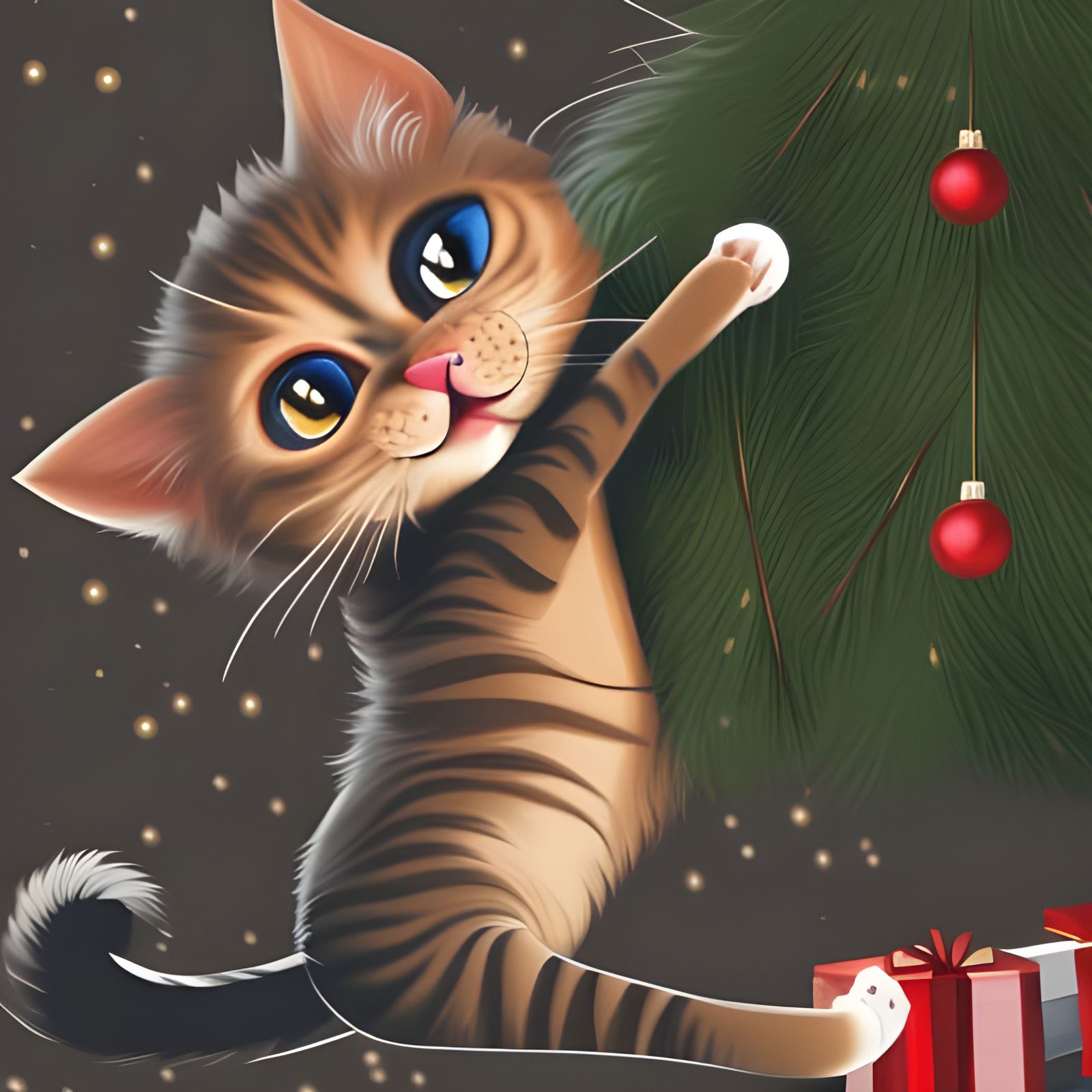 Cute Cat Climbs Christmas Tree: Digital Cartoon