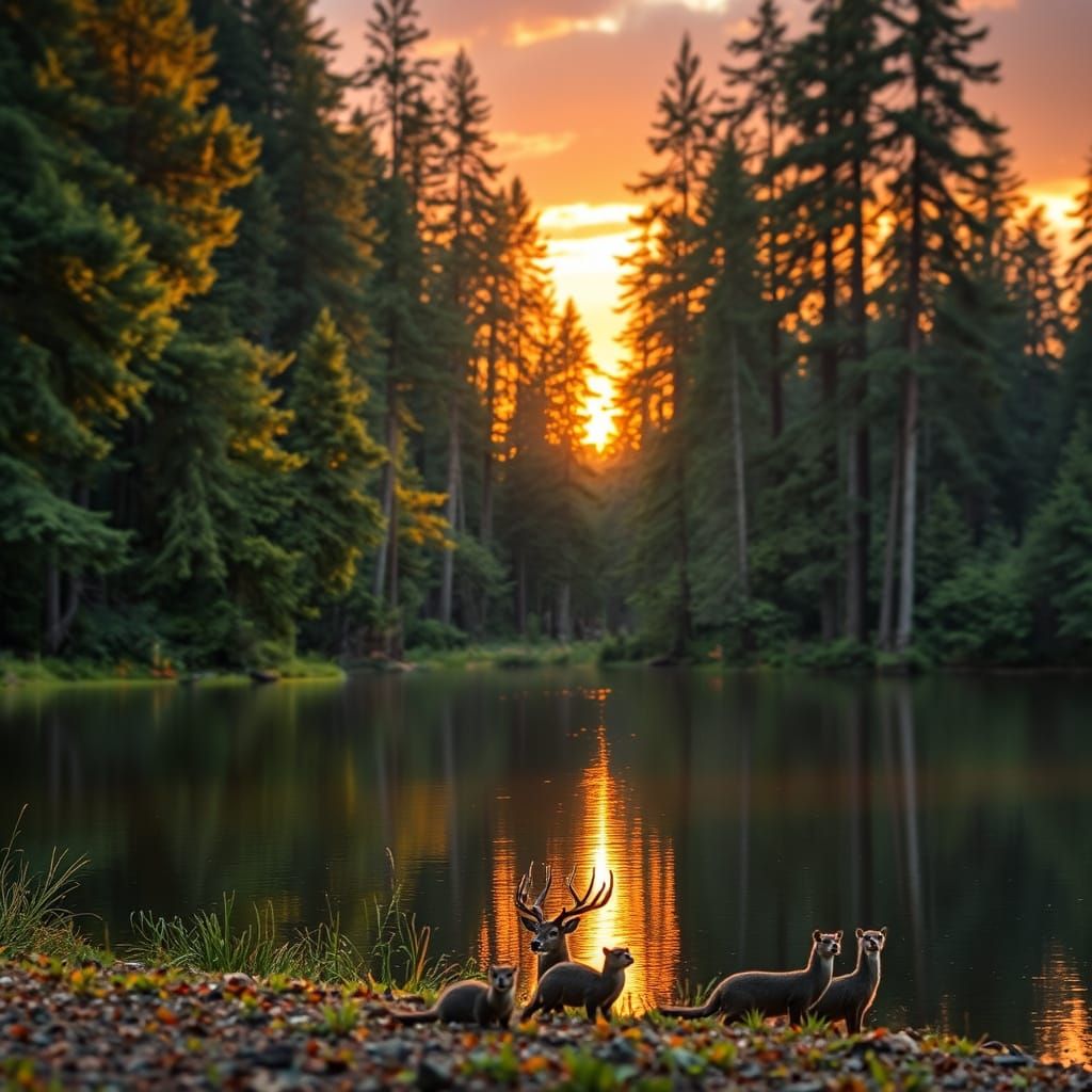 Serene Sunset Forest Scene in Vibrant Colors