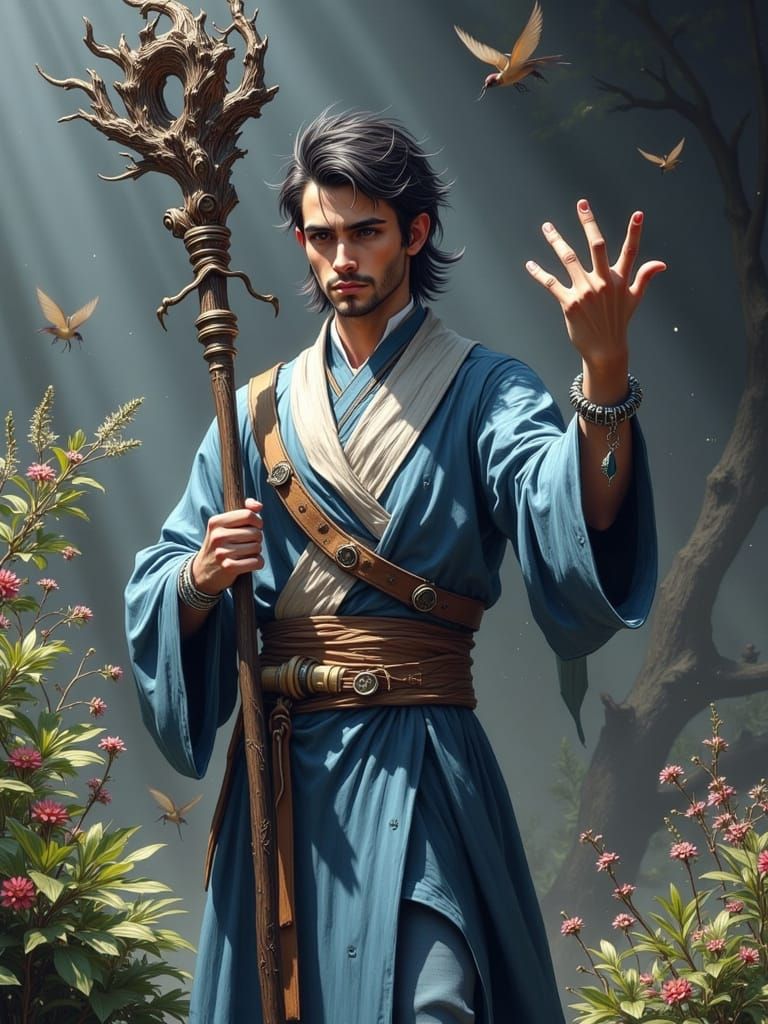 Ethereal Wood Cultivator in Whimsical Fantasy Landscape