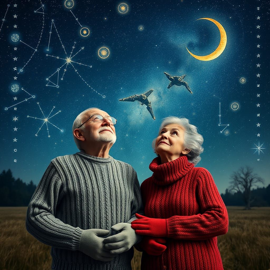Elderly Couple Stargazing Under Van Gogh Sky