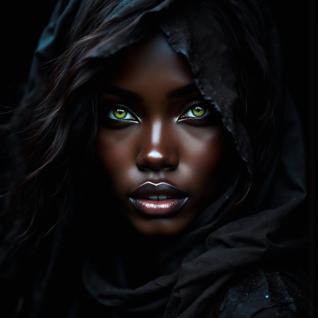 Mysterious Portrait of African Woman with Green Eyes