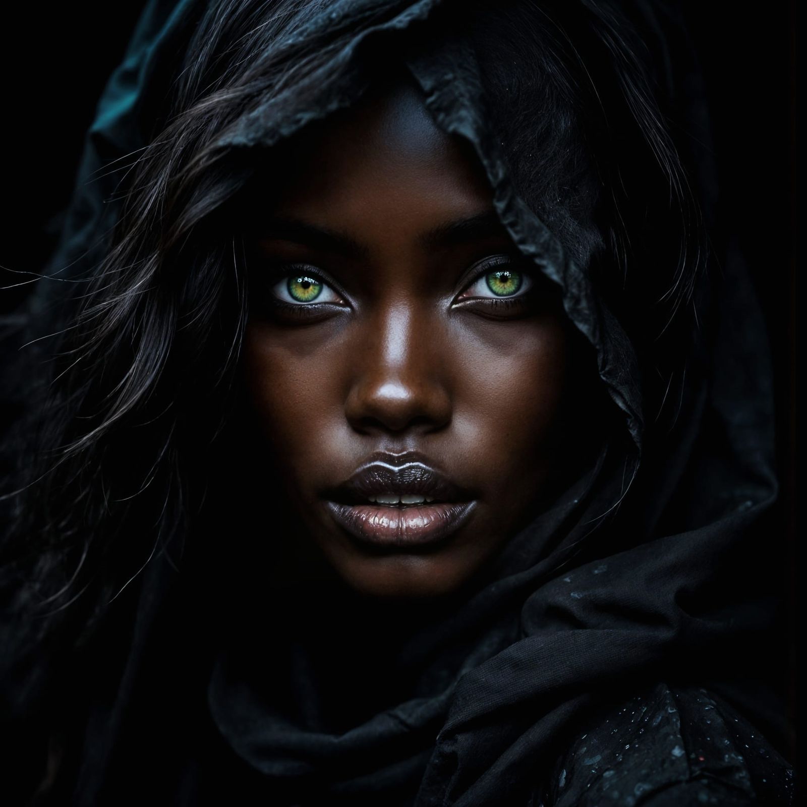 Mysterious Portrait of African Woman with Luminous Green Eye...