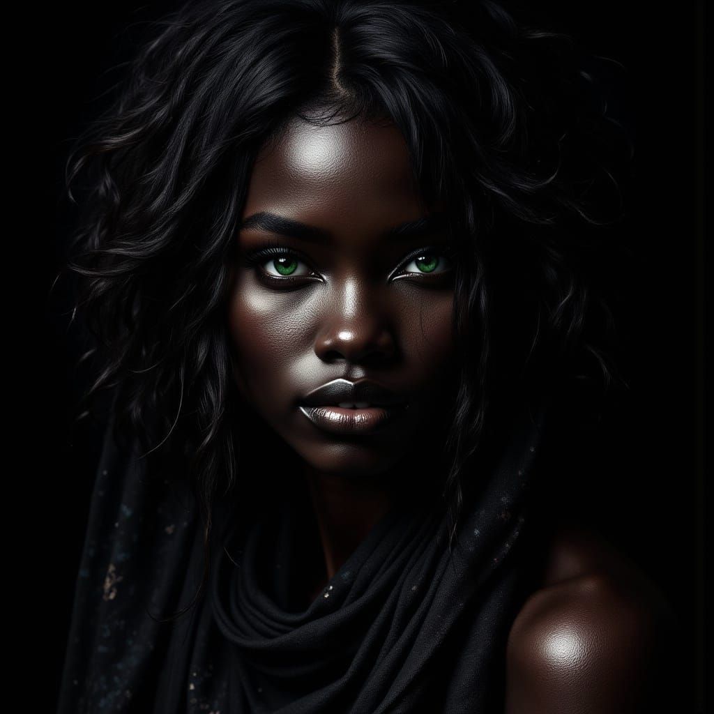 Mysterious Portrait of African Woman with Emerald Eyes