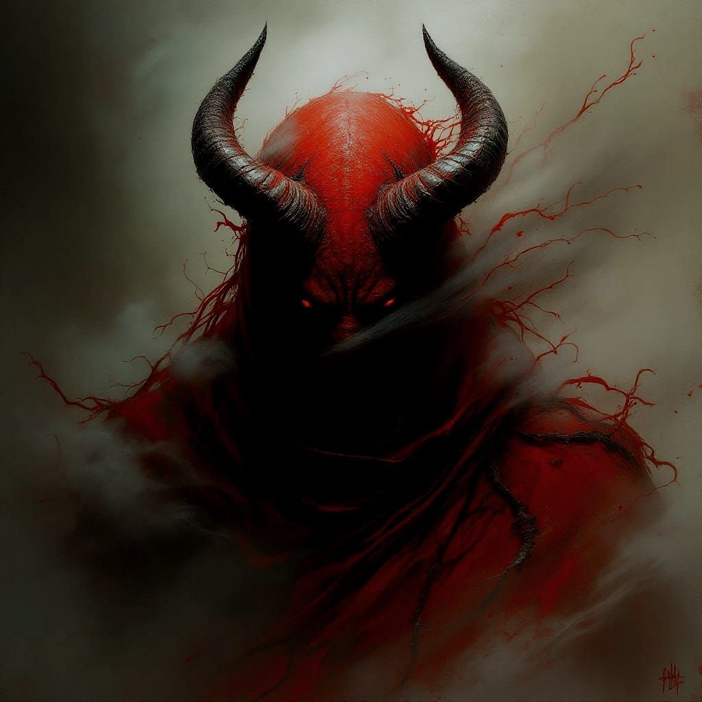 Red-Skinned Oni Demon Masked in Fog