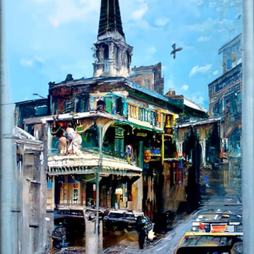 New Orleans Street Scene in Oil Painting Style
