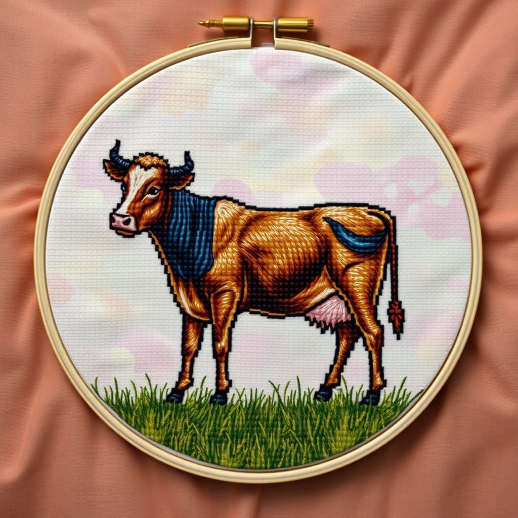 Intricate Fantasy Cow Cross Stitch in a Hoop of Vibrant Colo...