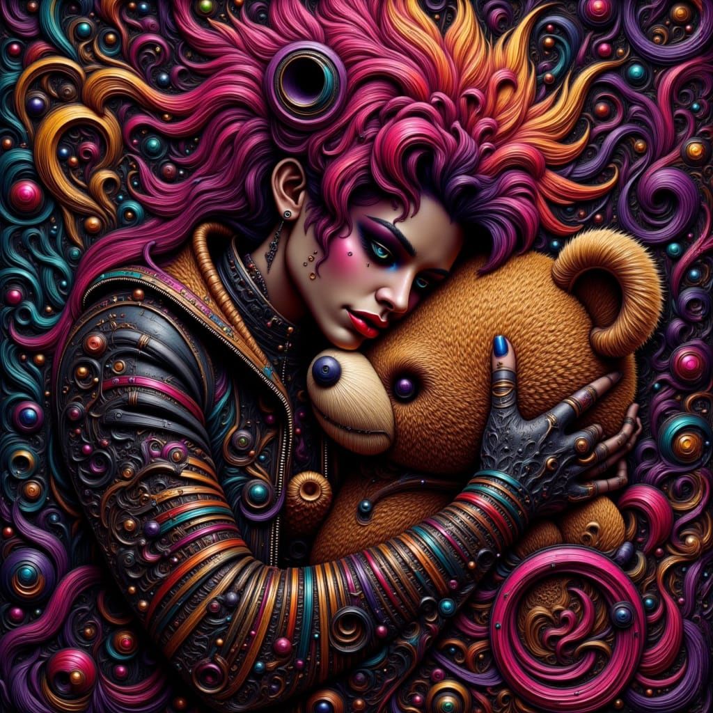Punk Rocker Hugs Teddy Bear in Hyperdetailed Airbrush Art