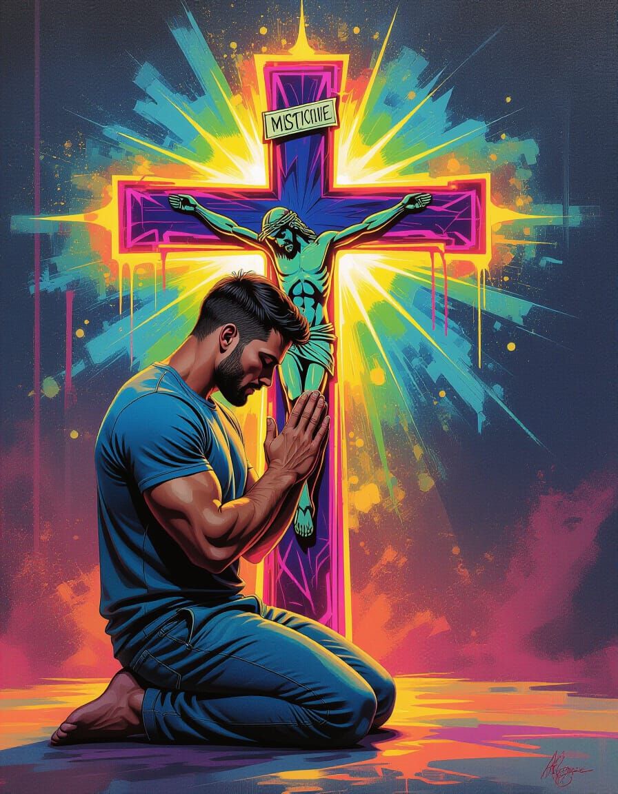 Intense Prayer Before Stylized Cross in Polychromatic Art