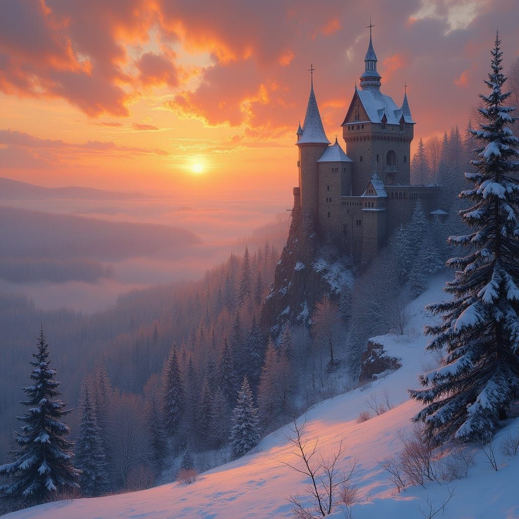 Winter Sunset Over Northern Forest from Castle