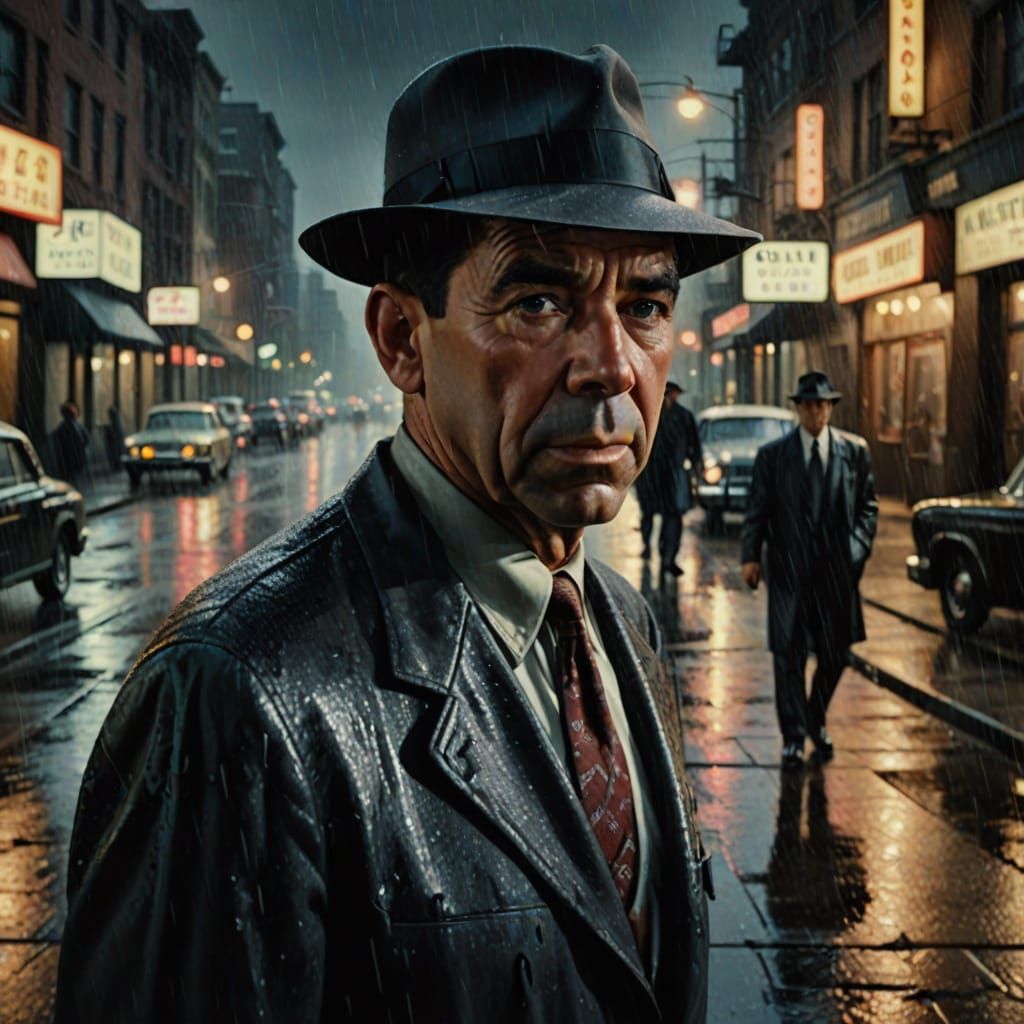 Jack Webb as Joe Friday in Rainy Film Noir Scene