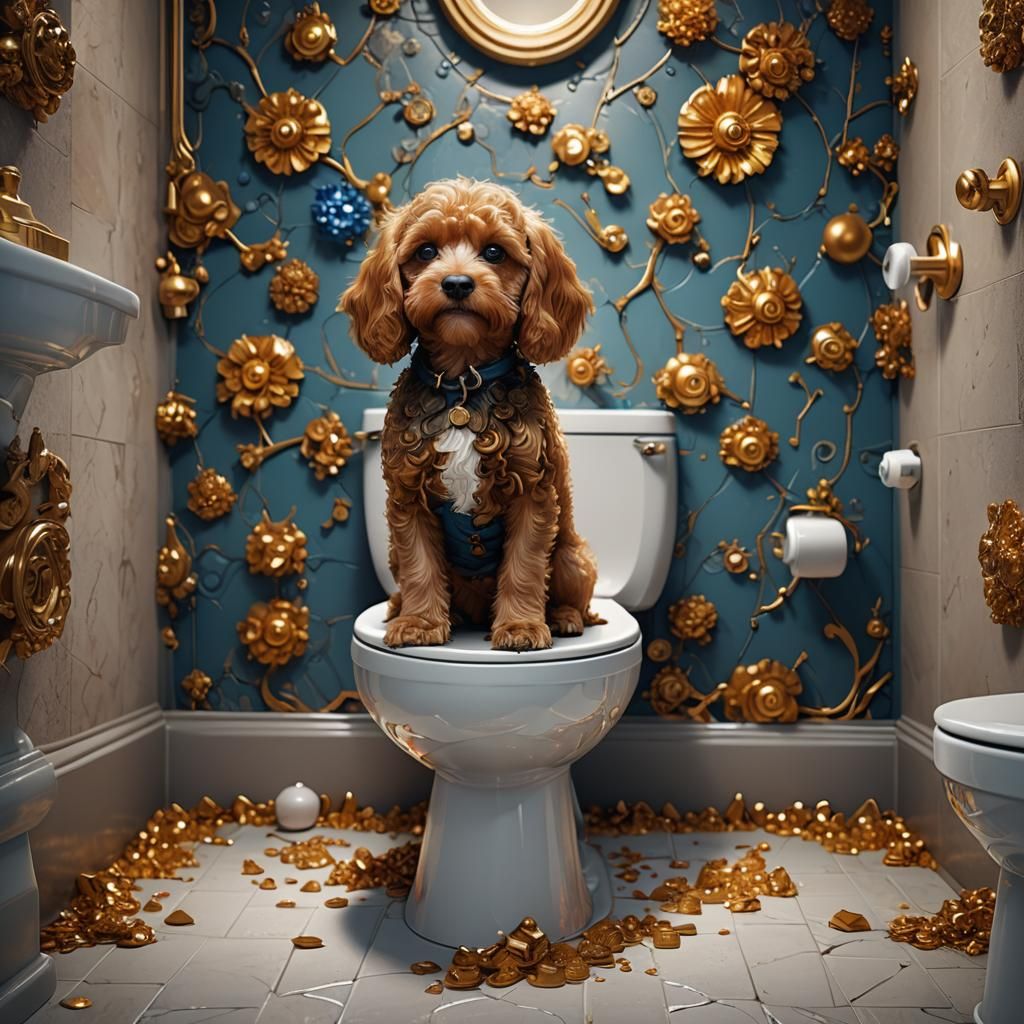 Fantastical Cavapoo Dog on Toilet: Detailed Matte Painting