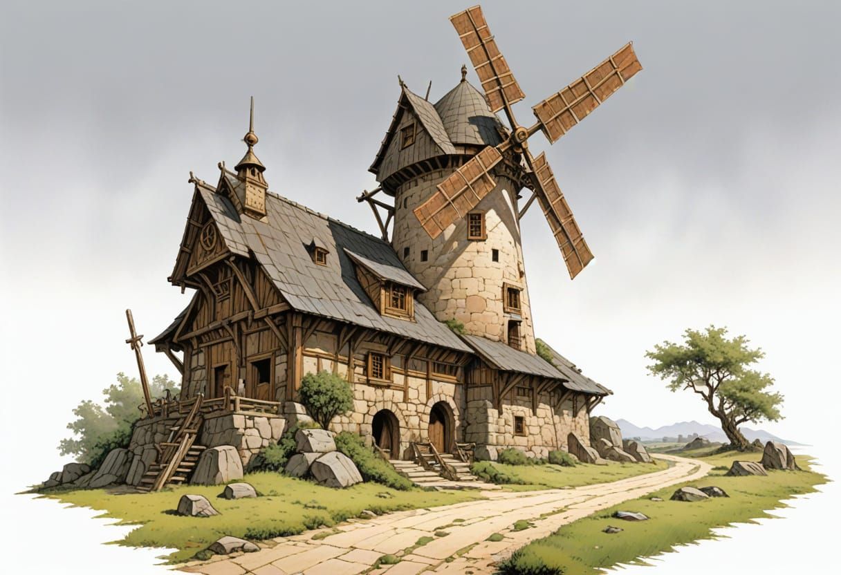 10th Century European Stone Windmill Illustration