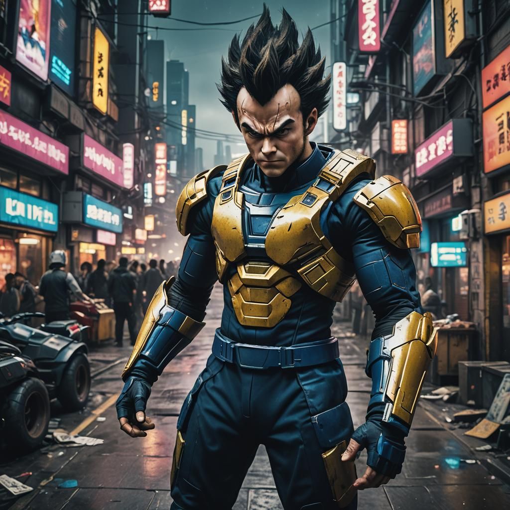 Vegeta in Cyberpunk World: Cinematic Film Still