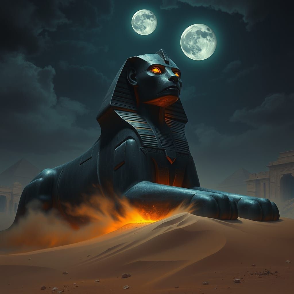 Obsidian Sphinx Guarding Desert City at Night