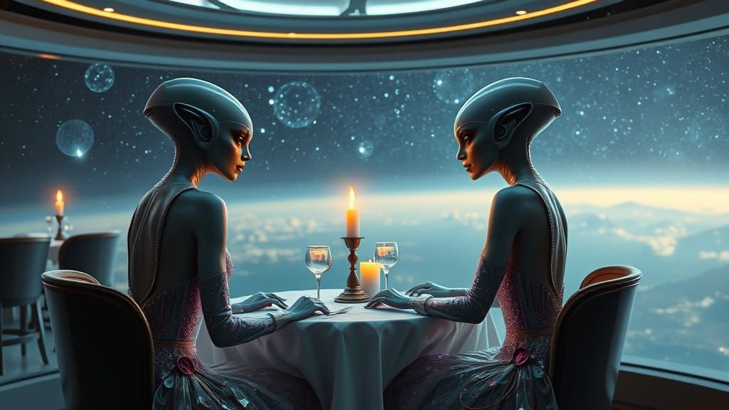 Elegant Alien Duos Dine in Cosmic Luxury