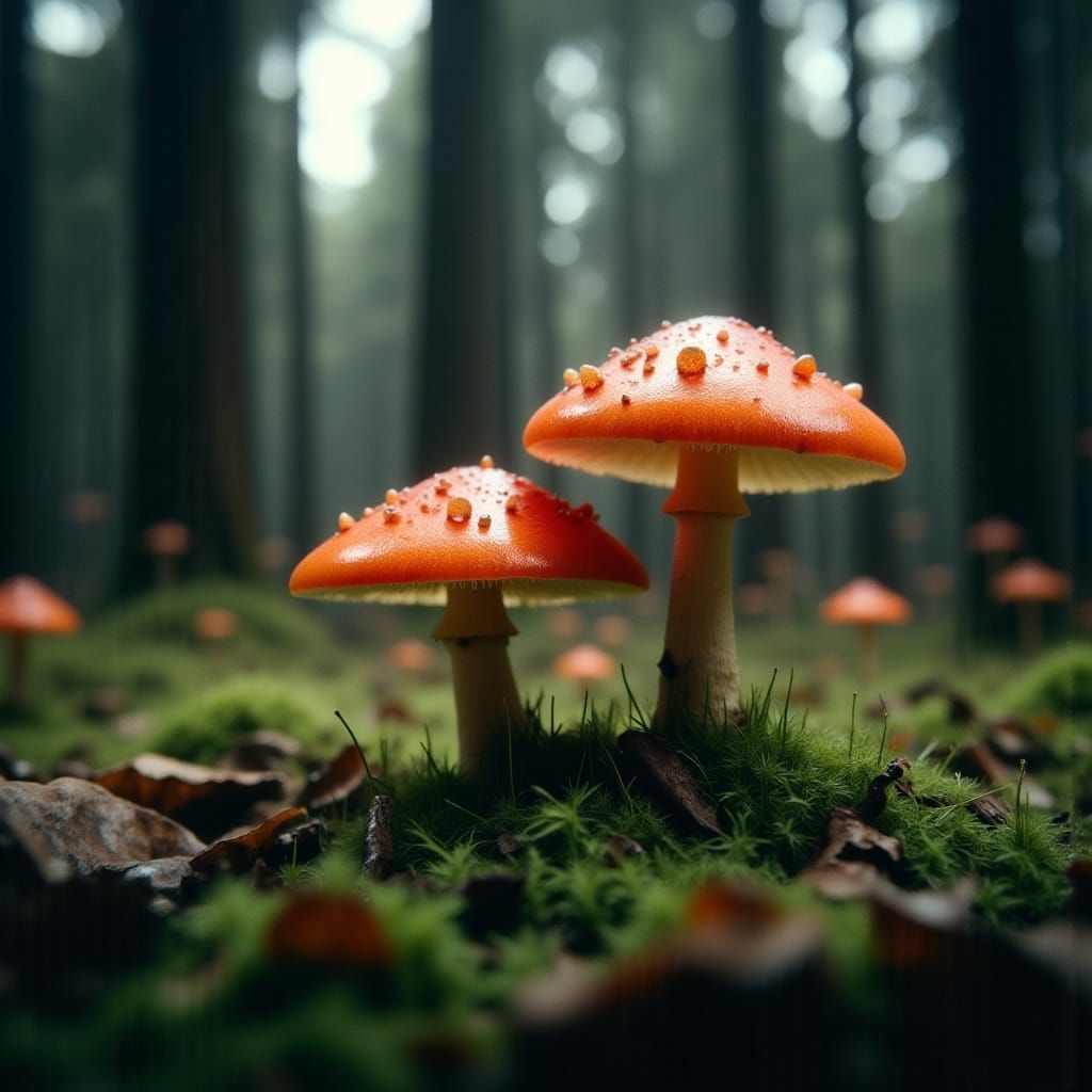 Mushrooms in a Moody Forest Landscape