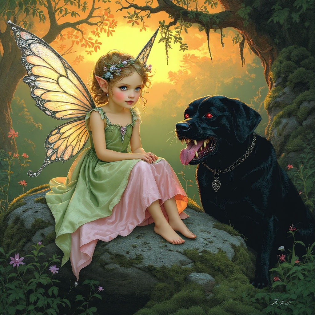 Fairy and Black Dog in Enchanted Forest