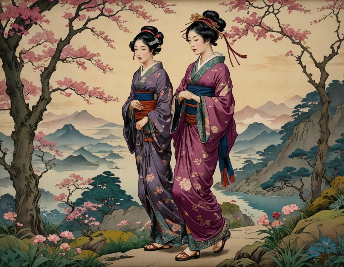 Ukiyo-e Style Woman Walking with Magenta Hair